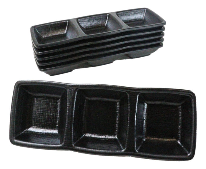 ebros gift Pack Of 6 Black Silk Melamine 3 Partition Condiment Sauce Dipping Bowl or Dishes