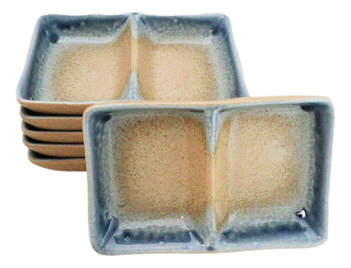 ebros gift Pack Of 6 Ceramic Ao Nagashi Soy Sauce Or Condiment Dishes With 2 Compartments