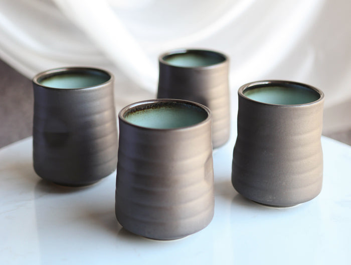 ebros gift Pack Of 6 Ceramic Zen Blue Style Yunomi Notched Teacup Tea Cups Without Handles