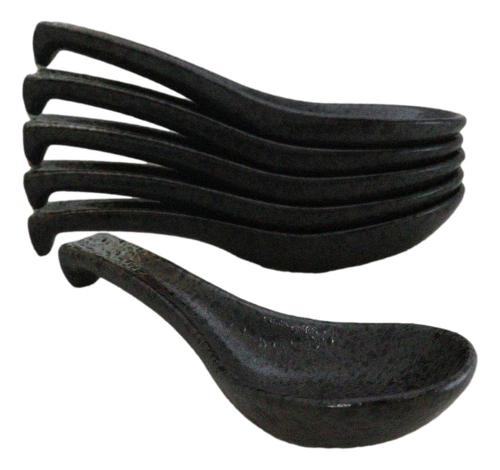Ebros Gift Pack Of 6 Charcoal Grey Tone Hakumu Ceramic Asian Soup Spoons With Hook 5.75"L