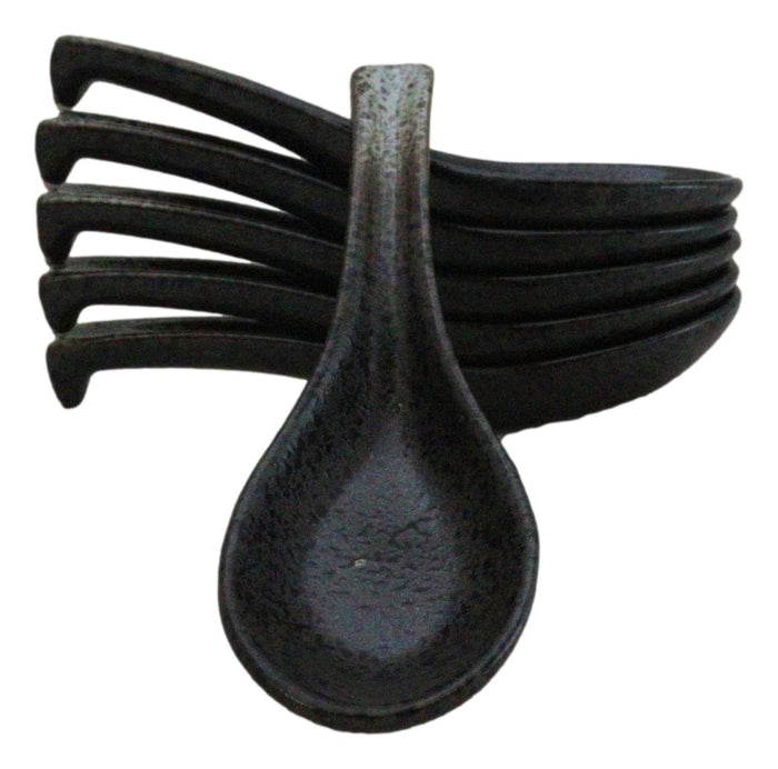 ebros gift Pack of 6 Charcoal Grey Tone Hakumu Ceramic Asian Soup Spoons With Hook 5.75"L
