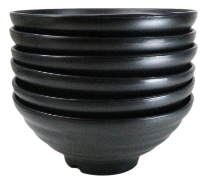 Ebros Gift Pack Of 6 Contemporary Ridged Matte Black Melamine Round Ramen Soup Bowls 40oz