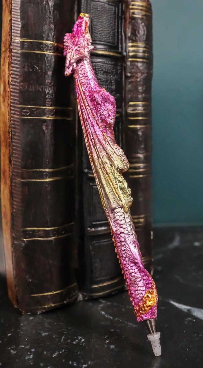 ebros gift Pack Of 6 Fire Ink Glittered Metallic Pink And Gold Spirit Dragon Pen Figurines