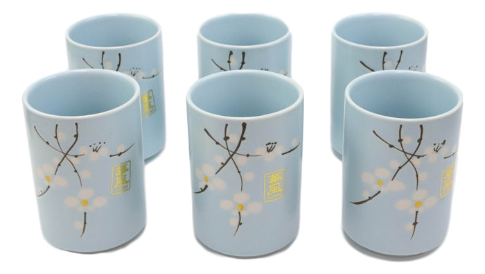 Ebros Gift Pack Of 6 Japanese Sakura Cherry Blossom Pastel Light Blue Ceramic Tea Cups 10oz
