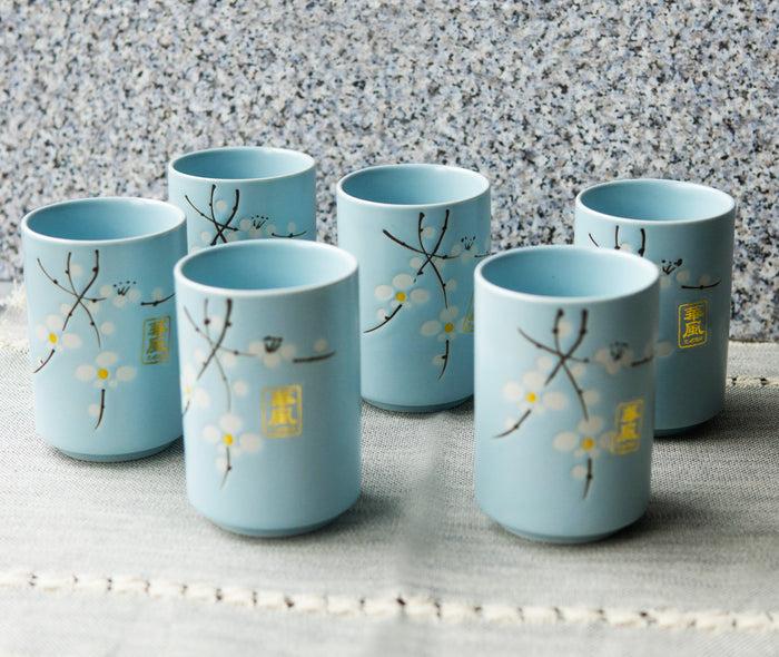 Ebros Gift Pack Of 6 Japanese Sakura Cherry Blossom Pastel Light Blue Ceramic Tea Cups 10oz