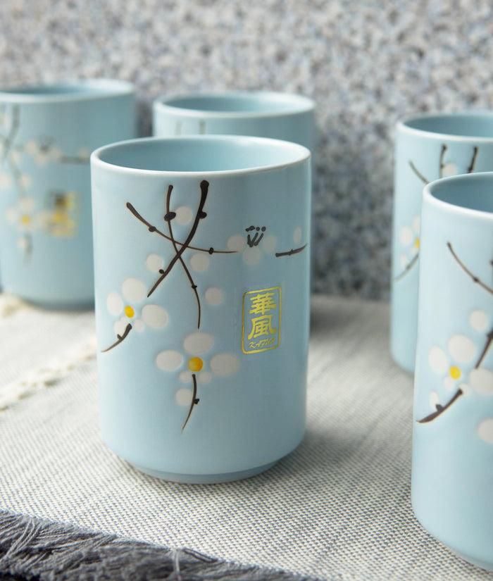ebros gift Pack Of 6 Japanese Sakura Cherry Blossom Pastel Light Blue Ceramic Tea Cups 10oz