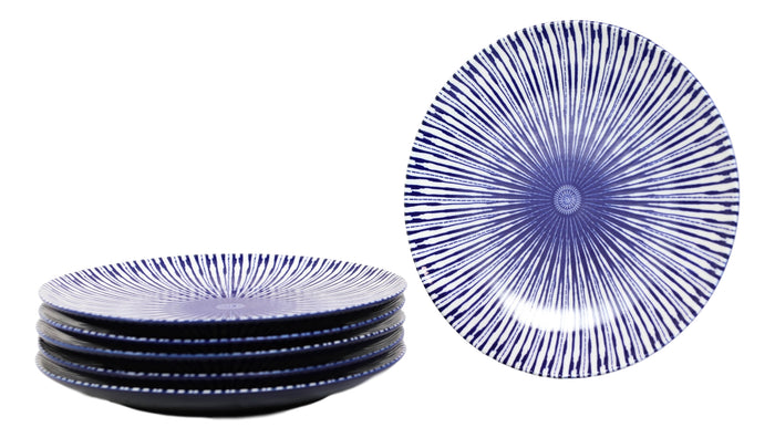 ebros gift Pack Of 6 Modern Blue White Geometric Focus Porcelain Round Lunch Salad Plates