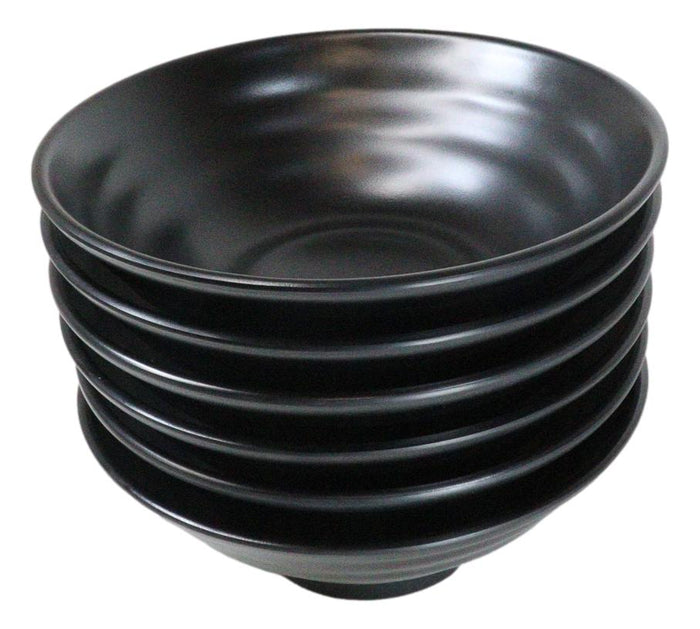 Ebros Gift Pack Of 6 Modern Ridged Matte Black Melamine Large Round Ramen Soup Bowls 48oz