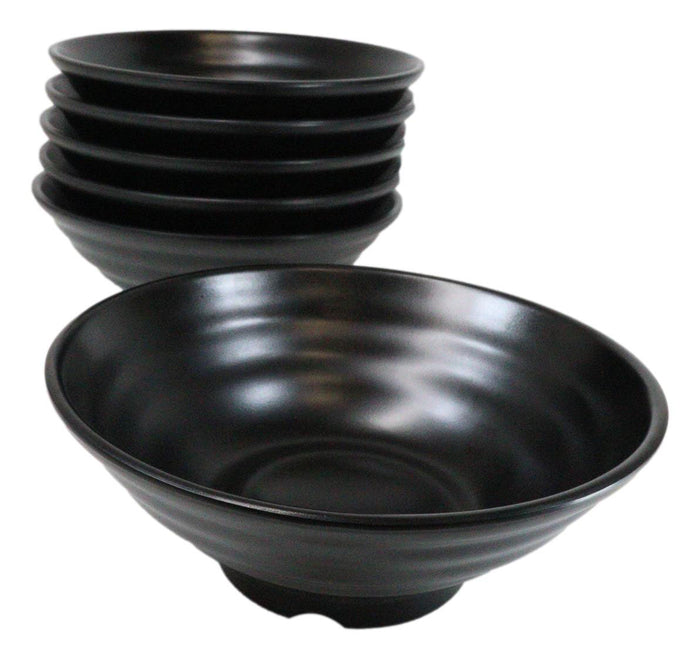 ebros gift Pack Of 6 Modern Ridged Matte Black Melamine Large Round Ramen Soup Bowls 48oz