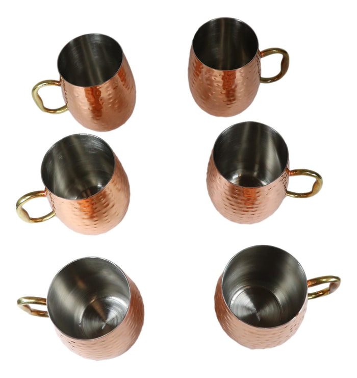 Ebros Gift Pack Of 6 Moscow Mule Copper Stainless Steel Hammered Barrel Cup Mug Gold Handle