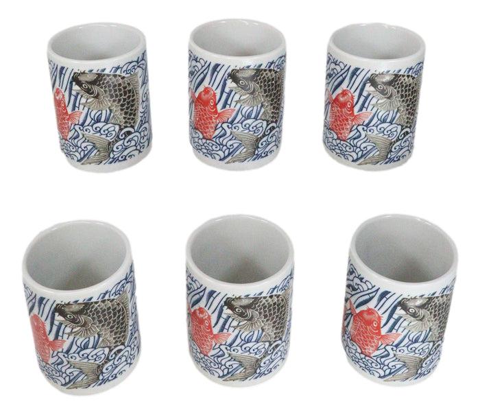 Ebros Gift Pack Of 6 Porcelain Yin Yang Red Black Koi Fishes By Waterfall Yunomi Tea Cups