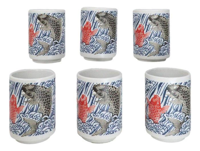 ebros gift Pack Of 6 Porcelain Yin Yang Red Black Koi Fishes By Waterfall Yunomi Tea Cups