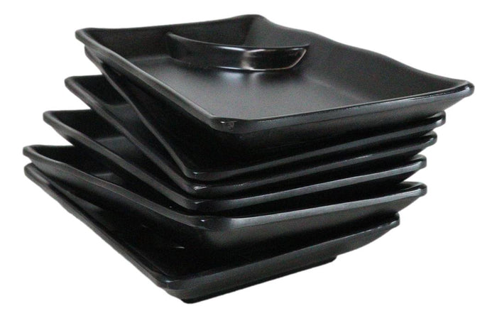 Ebros Gift Pack Of 6 Ridged Matte Black Melamine 2 Partitions Rectangular Sushi Plates