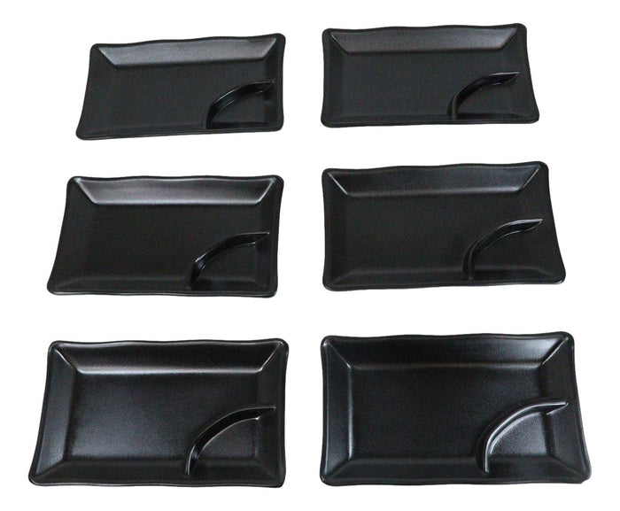 Ebros Gift Pack Of 6 Ridged Matte Black Melamine 2 Partitions Rectangular Sushi Plates