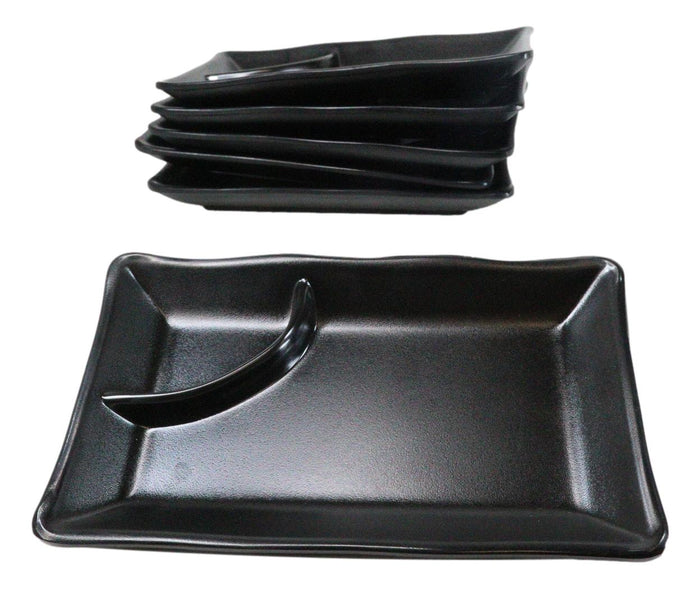 ebros gift Pack Of 6 Ridged Matte Black Melamine 2 Partitions Rectangular Sushi Plates
