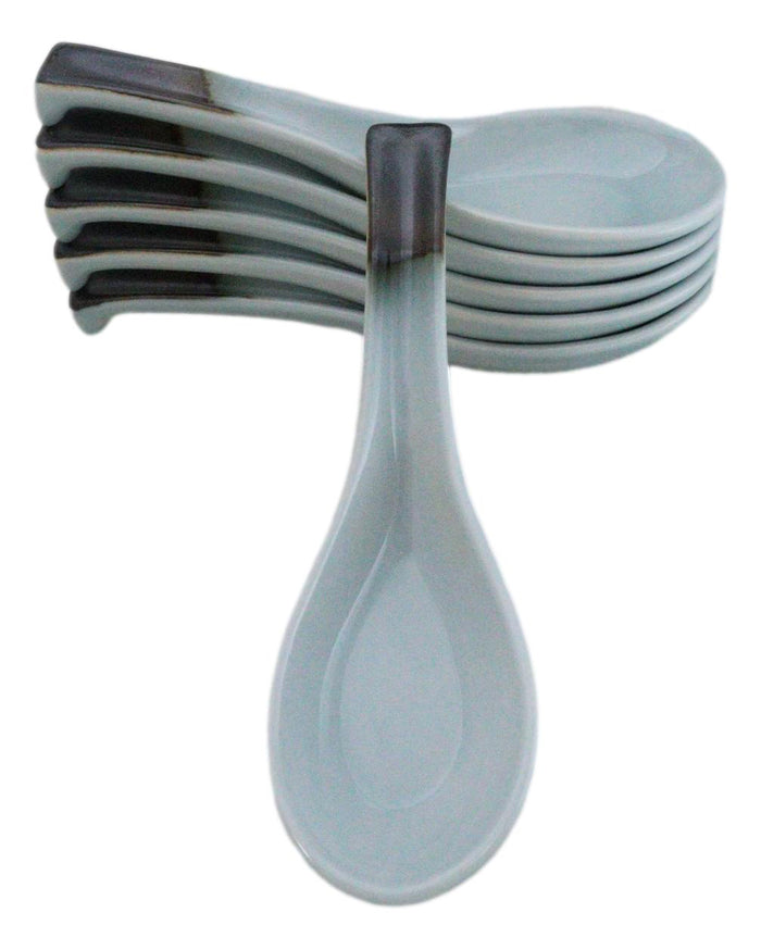 Ebros Gift Pack Of 6 Seikai Blue Sky Collection Ceramic Asian Soup Spoons With Hook 5.75"L