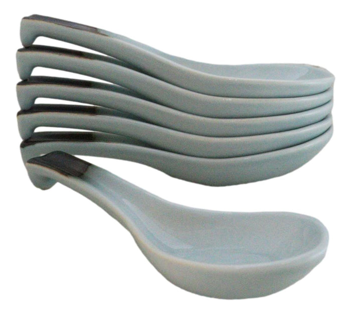 Ebros Gift Pack Of 6 Seikai Blue Sky Collection Ceramic Asian Soup Spoons With Hook 5.75"L