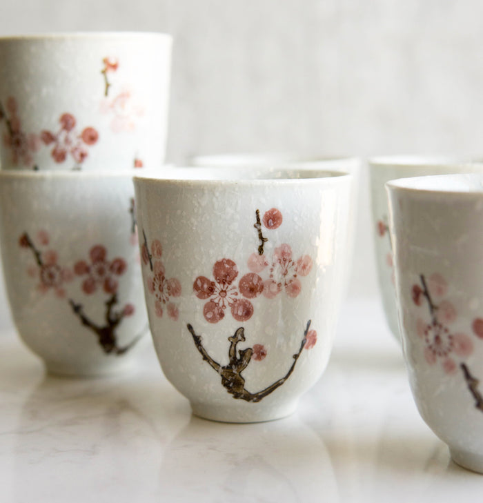 Ebros Gift Pack Of 6 Textured Pink Japanese Sakura Cherry Blossoms Ceramic Tea Cups Teacups
