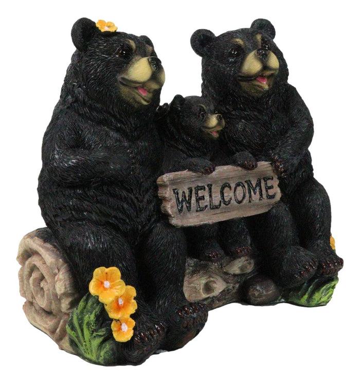 Ebros Gift Papa Mama Black Bears And Cub Sitting On Log With Welcome Plank Sign Figurine