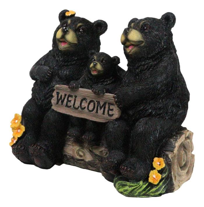 Ebros Gift Papa Mama Black Bears And Cub Sitting On Log With Welcome Plank Sign Figurine