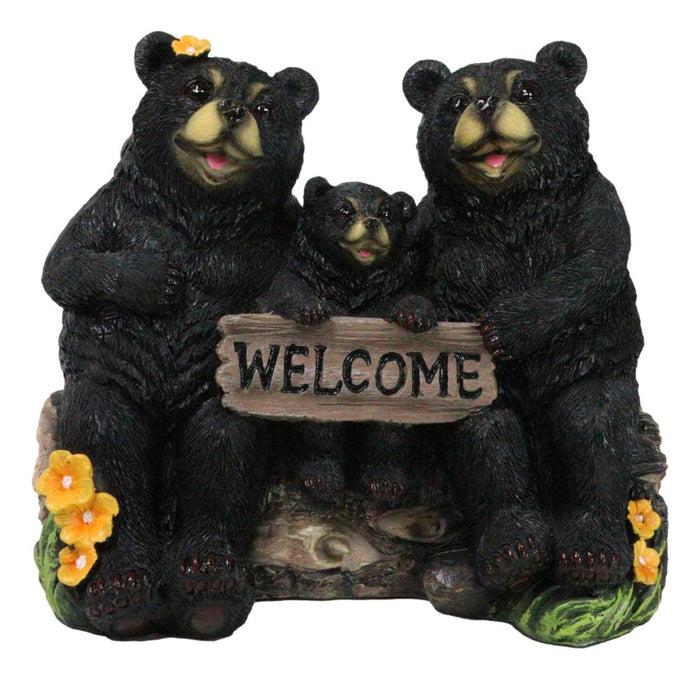 ebros gift Papa Mama Black Bears and Cub Sitting On Log with Welcome Plank Sign Figurine
