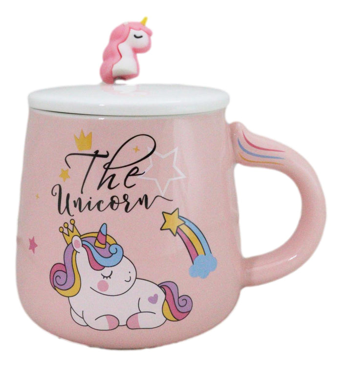 ebros gift Pastel Pink Whimsical Unicorn Rainbow Shooting Star Mug With Spoon And Lid