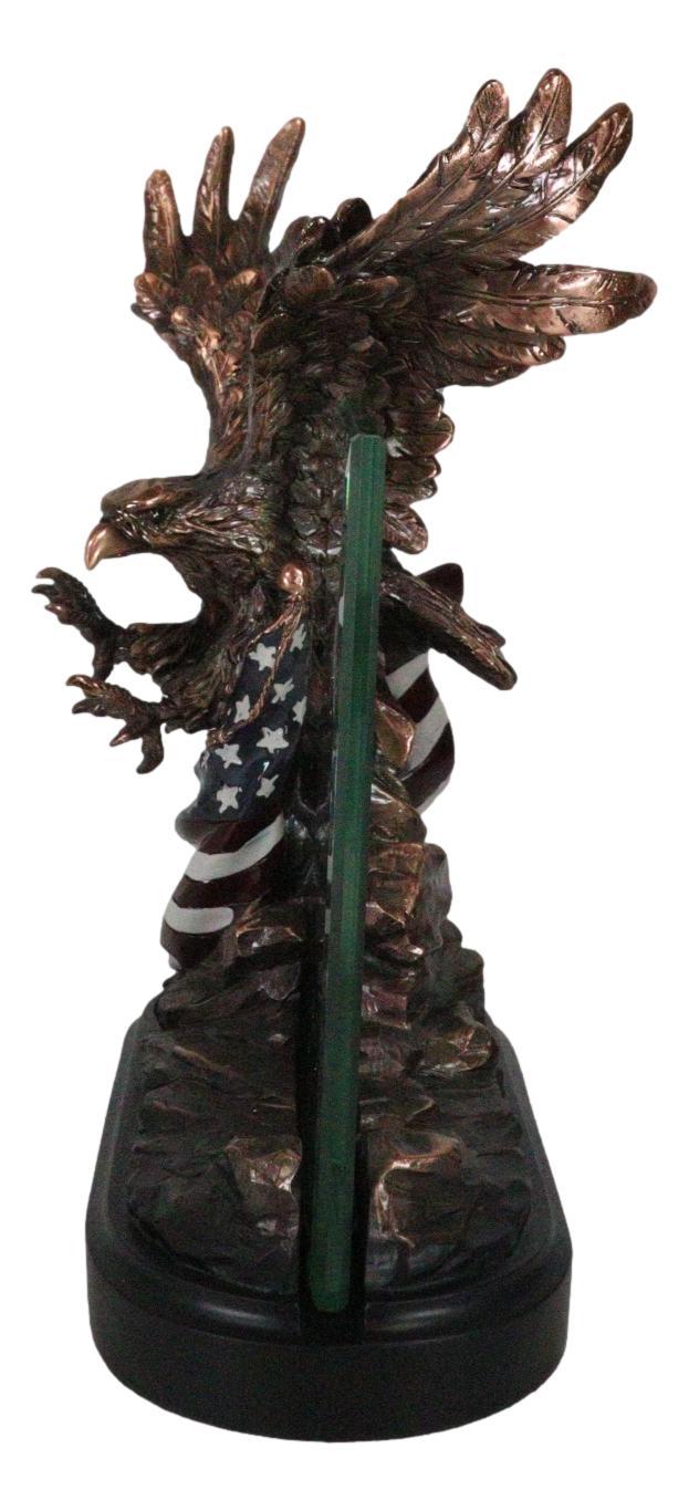 Ebros Gift Patriotic American Bald Eagle Perching On Flag Photo Frame Bronze Resin Figurine