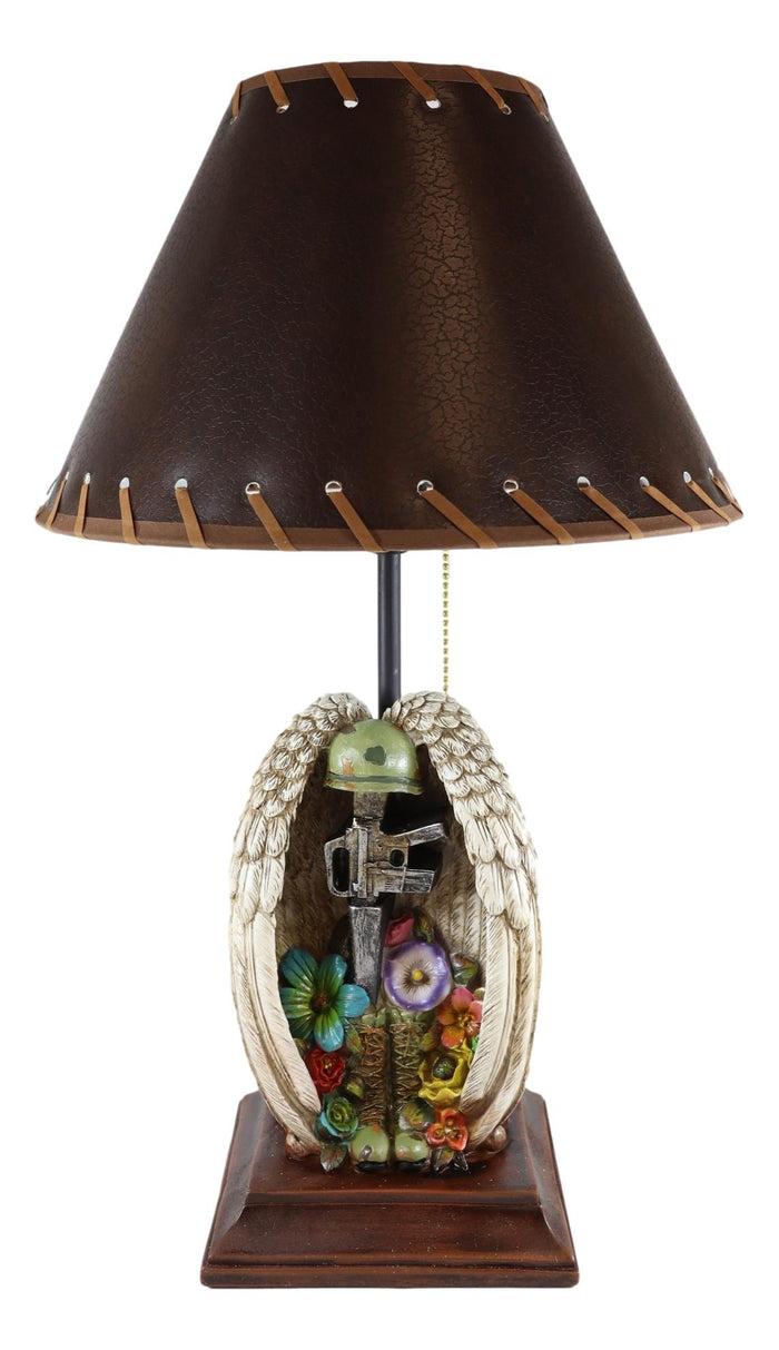 Ebros Gift Patriotic Angel Winged Helmet Rifle Boots And Succulents Memorial Table Lamp