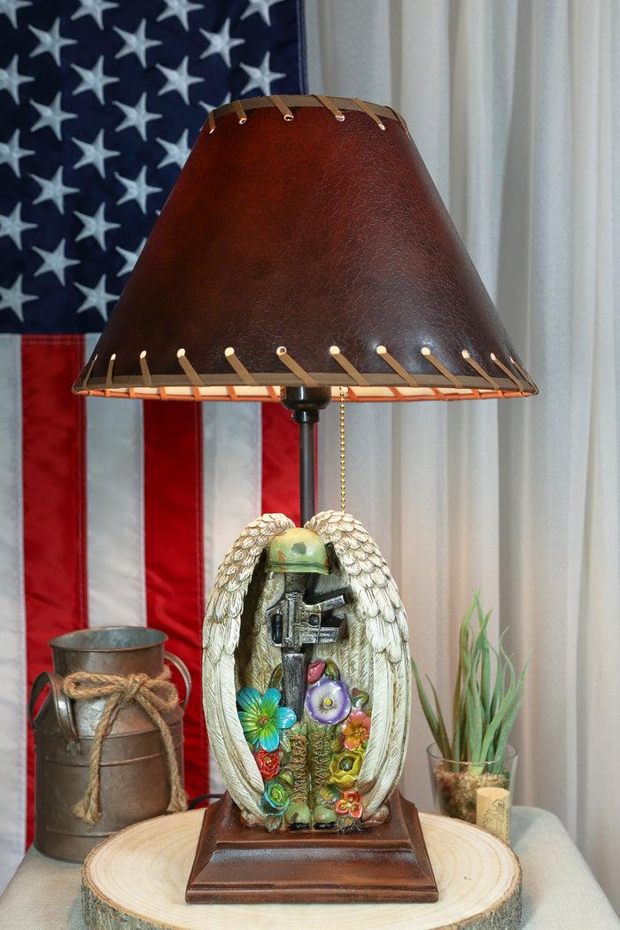 ebros gift Patriotic Angel Winged Helmet Rifle Boots And Succulents Memorial Table Lamp