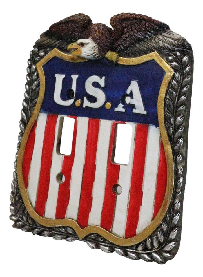 Ebros Gift Patriotic Bald Eagle On USA Flag Crest Wall Double Toggle Switch Plates Set