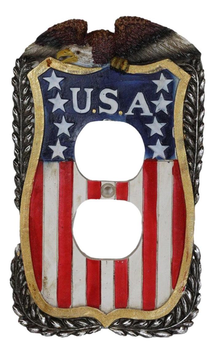 Ebros Gift Patriotic Bald Eagle On USA Flag Crest Wall Double Receptacle Outlet Plates Set