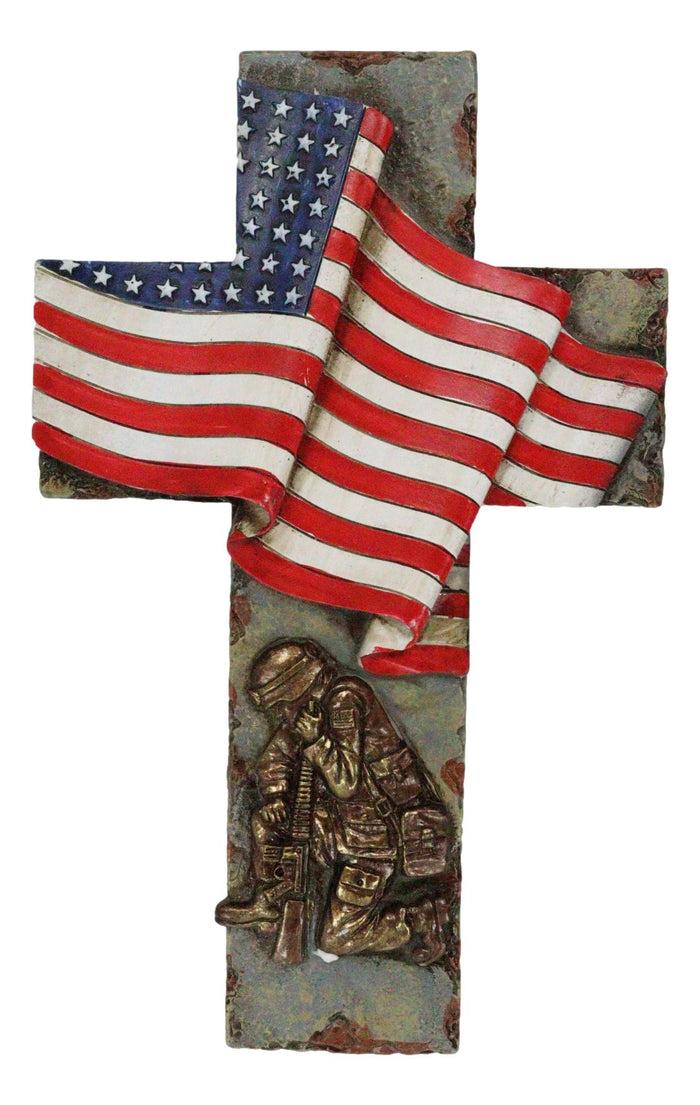 Ebros Gift Patriotic Battlefield Kneeling Soldier In Prayer With American Flag Wall Cross