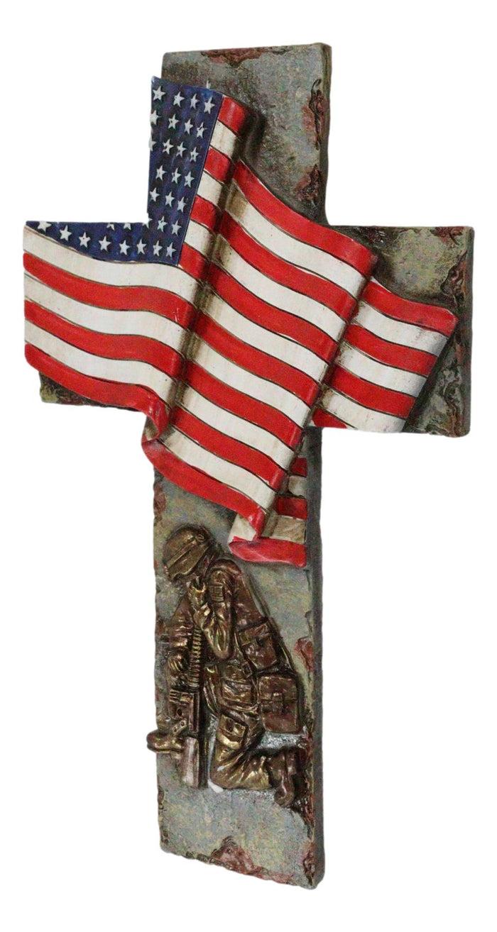 Ebros Gift Patriotic Battlefield Kneeling Soldier In Prayer With American Flag Wall Cross