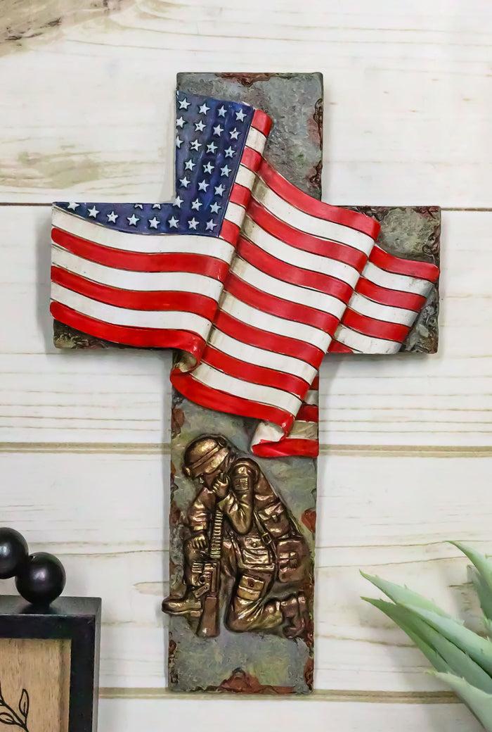 ebros gift Patriotic Battlefield Kneeling Soldier In Prayer With American Flag Wall Cross