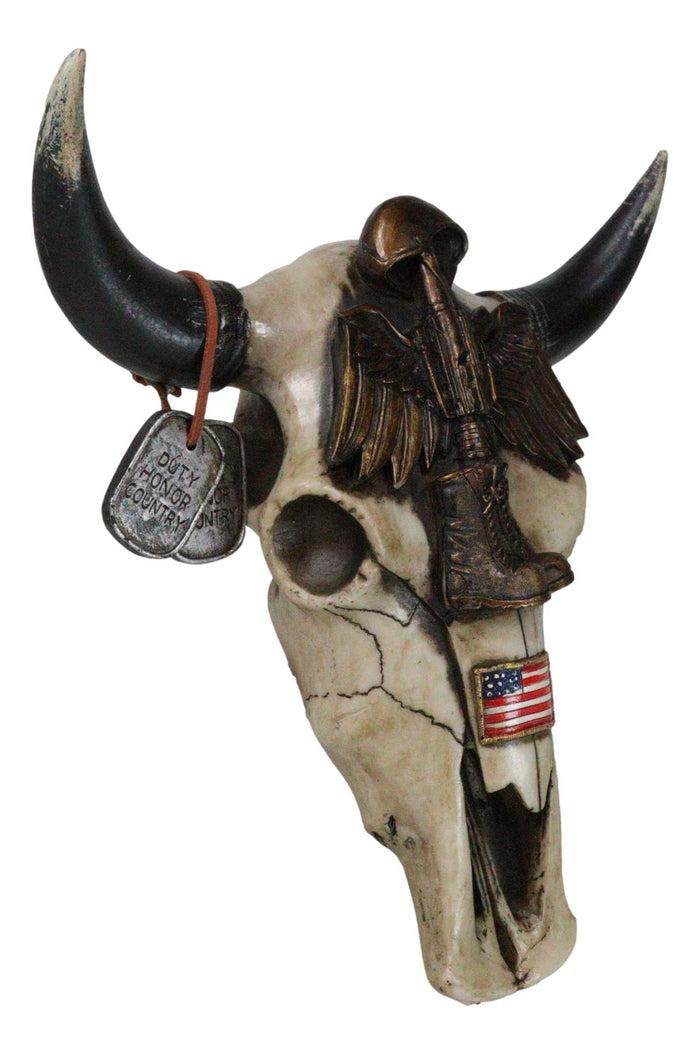 Ebros Gift Patriotic Fallen Soldier Helmet Rifle Boots Dogtags Veteran Cow Skull Wall Decor