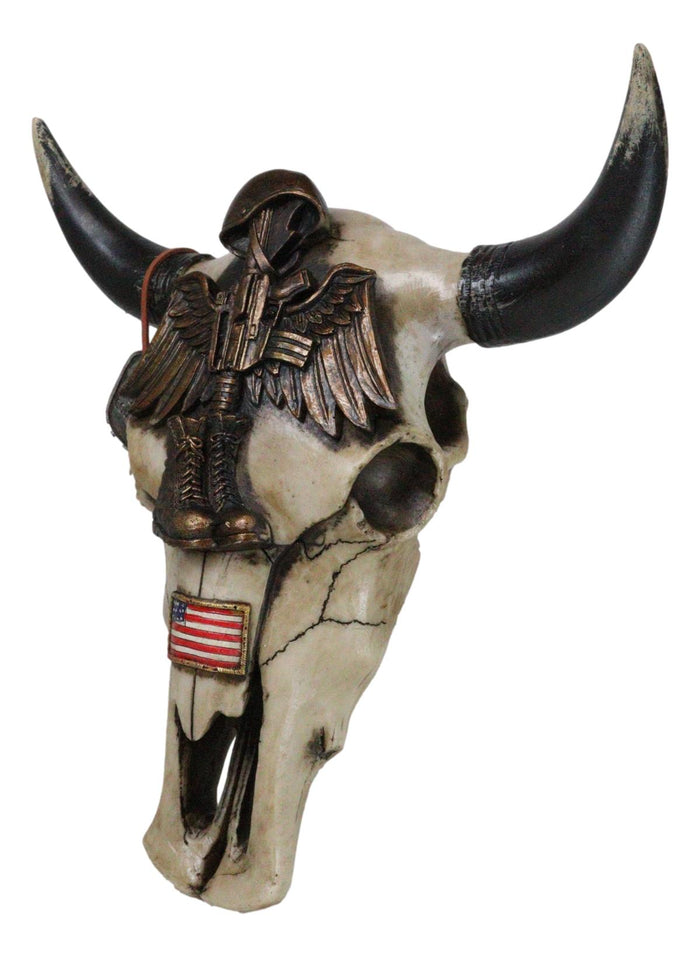 Ebros Gift Patriotic Fallen Soldier Helmet Rifle Boots Dogtags Veteran Cow Skull Wall Decor