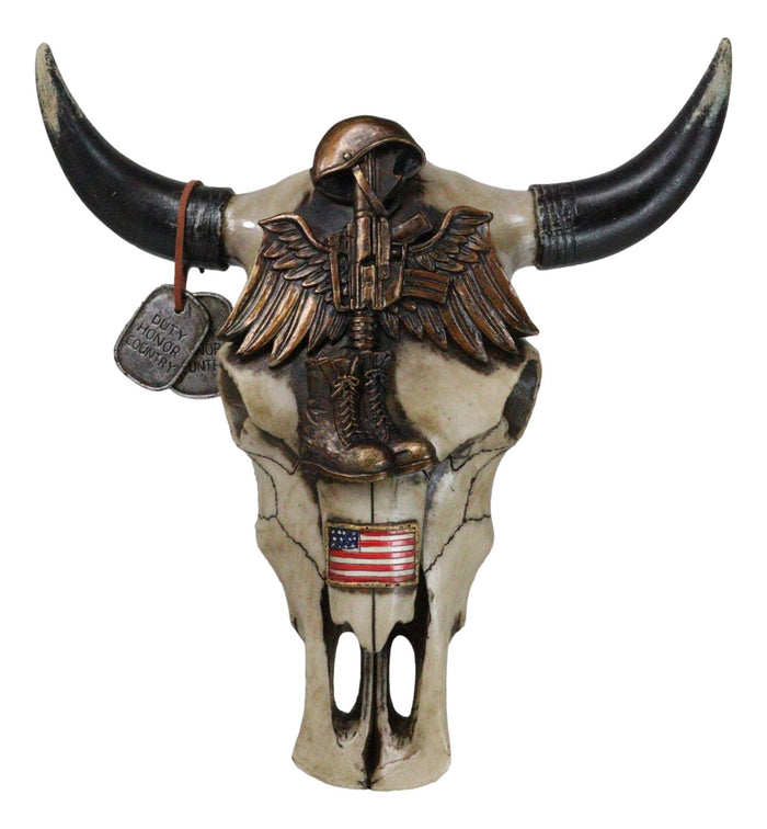 ebros gift Patriotic Fallen Soldier Helmet Rifle Boots Dogtags Veteran Cow Skull Wall Decor