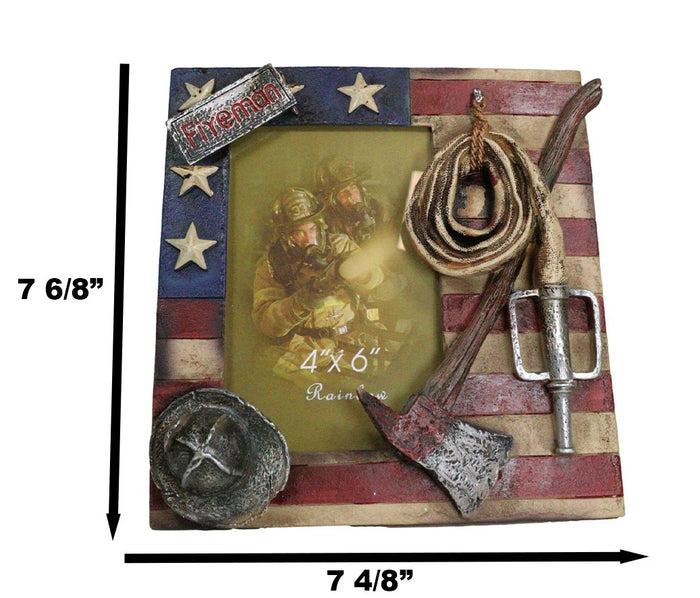 Ebros Gift Patriotic Fire Department Fireman Helmet Hose Axe USA Flag 4"X6" Picture Frame