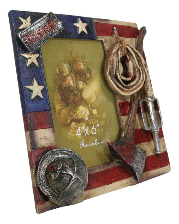 Ebros Gift Patriotic Fire Department Fireman Helmet Hose Axe USA Flag 4"X6" Picture Frame