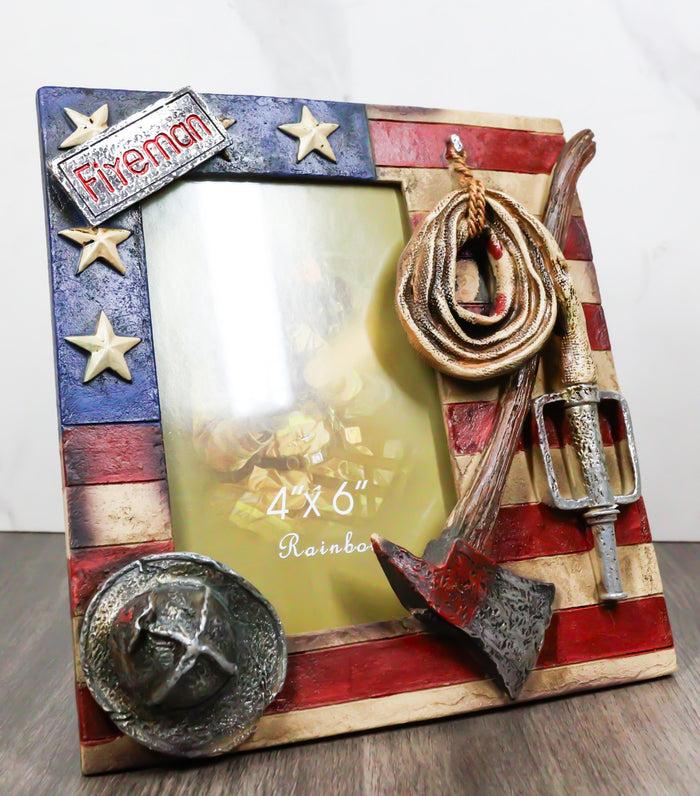 ebros gift Patriotic Fire Department Fireman Helmet Hose Axe USA Flag 4"X6" Picture Frame