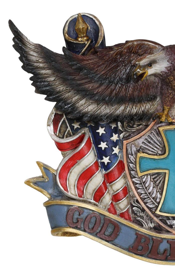 Ebros Gift Patriotic Flags Bald Eagle On Cross Crest God Bless USA Wall Plaque Sculpture