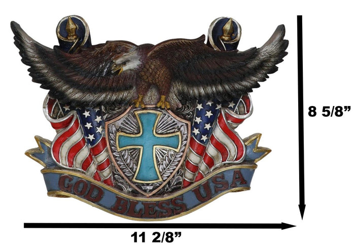 Ebros Gift Patriotic Flags Bald Eagle On Cross Crest God Bless USA Wall Plaque Sculpture