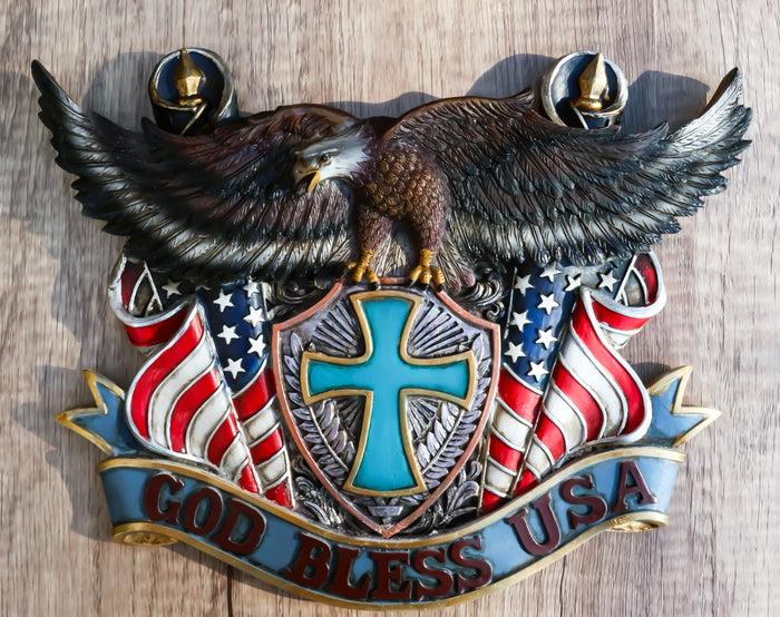 ebros gift Patriotic Flags Bald Eagle On Cross Crest God Bless USA Wall Plaque Sculpture