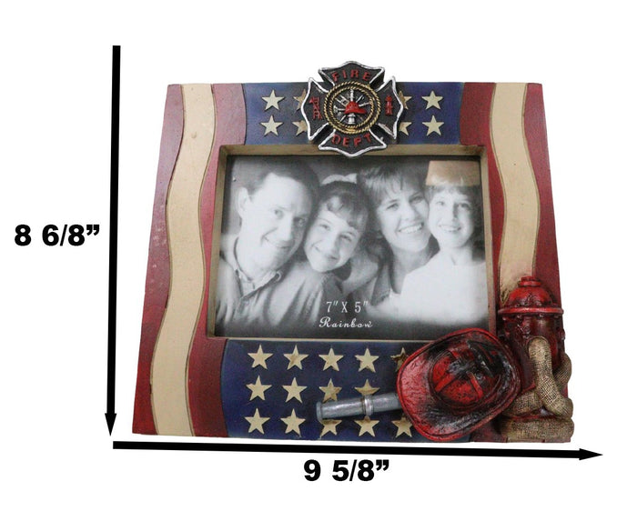 Ebros Gift Patriotic Maltese Cross Fireman Helmet Hose Fire Hydrant USA Flag Picture Frame