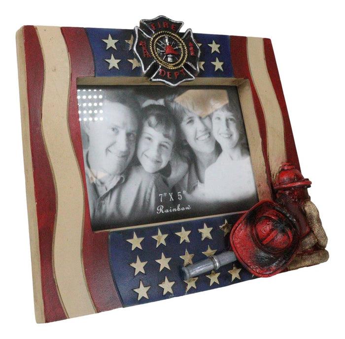 Ebros Gift Patriotic Maltese Cross Fireman Helmet Hose Fire Hydrant USA Flag Picture Frame