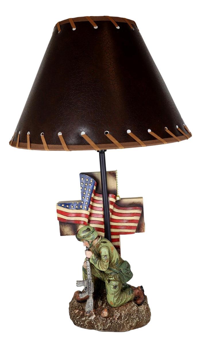 Ebros Gift Patriotic Soldier With Rifle Kneeling By American Flag Cross Memorial Table Lamp