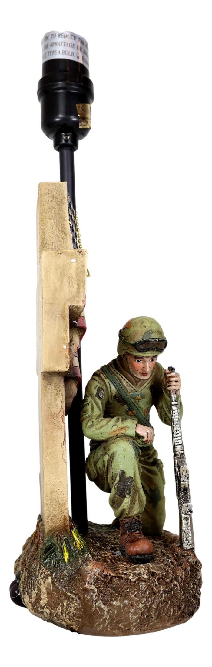 Ebros Gift Patriotic Soldier With Rifle Kneeling By American Flag Cross Memorial Table Lamp
