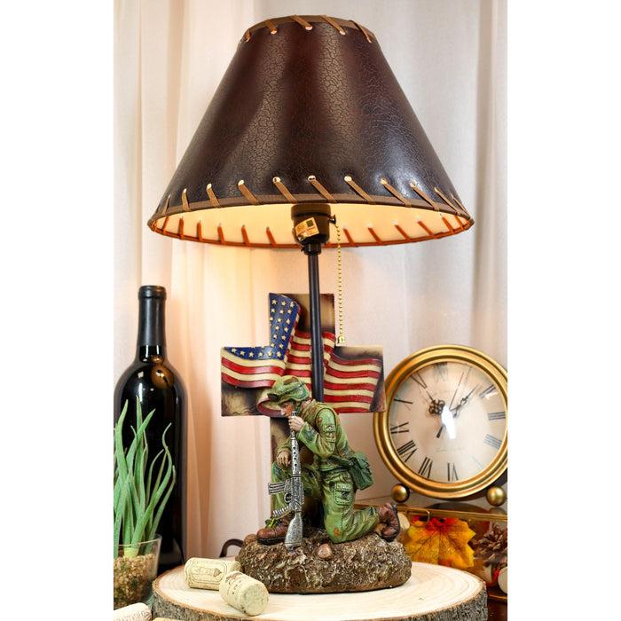 ebros gift Patriotic Soldier With Rifle Kneeling By American Flag Cross Memorial Table Lamp