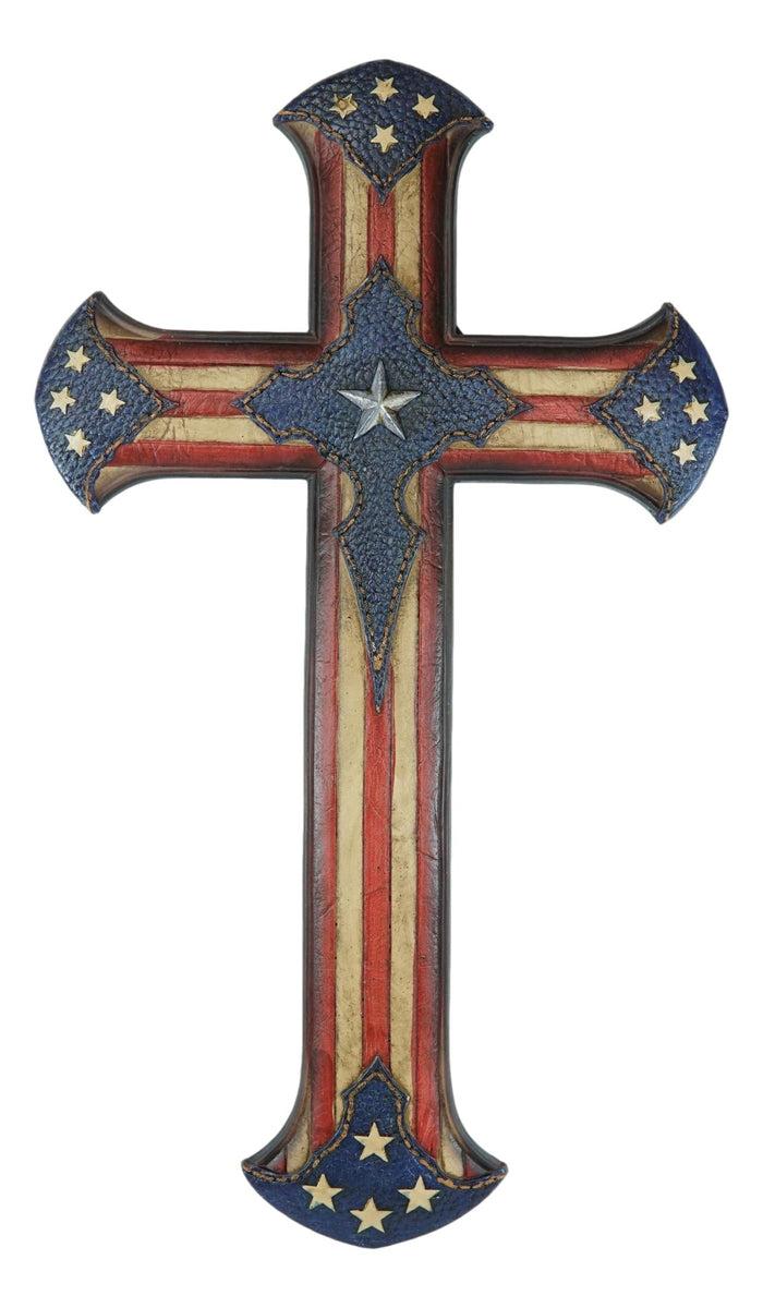 Ebros Gift Patriotic USA American Flag With Western Stars Faux Tooled Leather Wall Cross