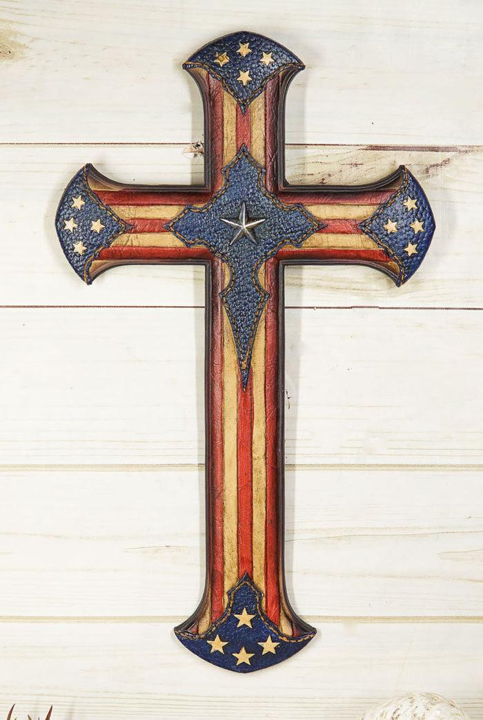 ebros gift Patriotic USA American Flag With Western Stars Faux Tooled Leather Wall Cross